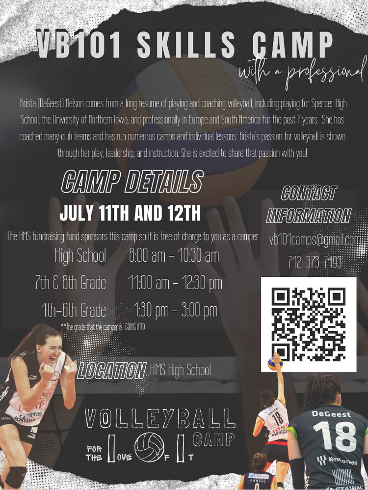 VolleyBall 101 Skills Camp Flyer - Displays a QR code for signup/contact information and dates/times the event is taking place. 